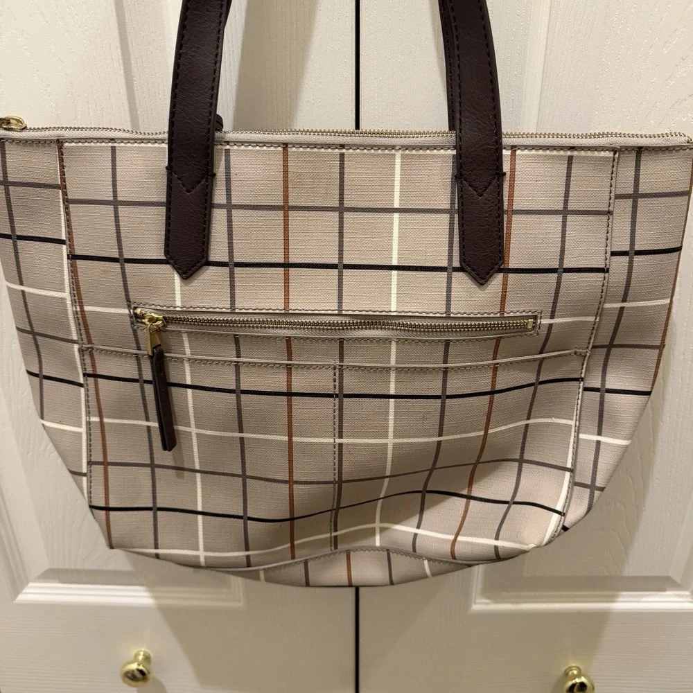 Fossil Sydney Large Tote Bag Gray Black Brown Plaid Windowpane PVC 17x12x4 - Picture 6 of 12